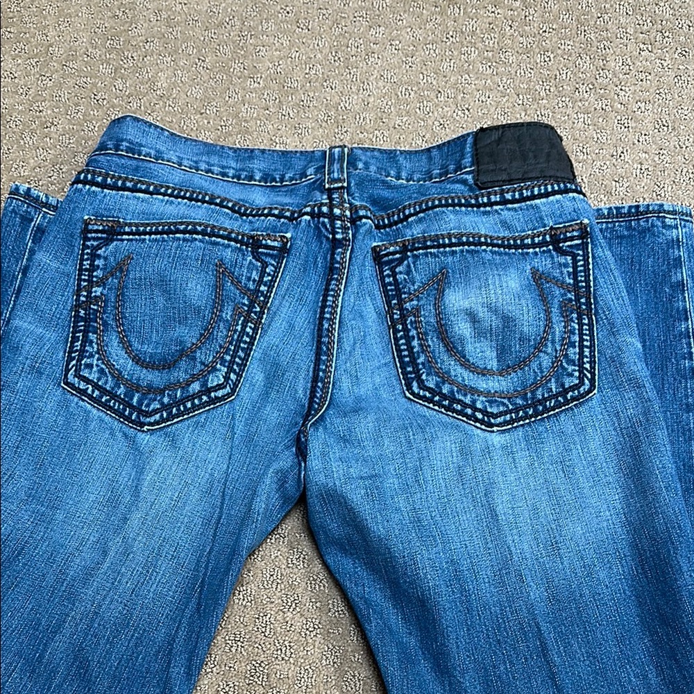 True Religion Blue Straight Jeans with Iconic Stitching